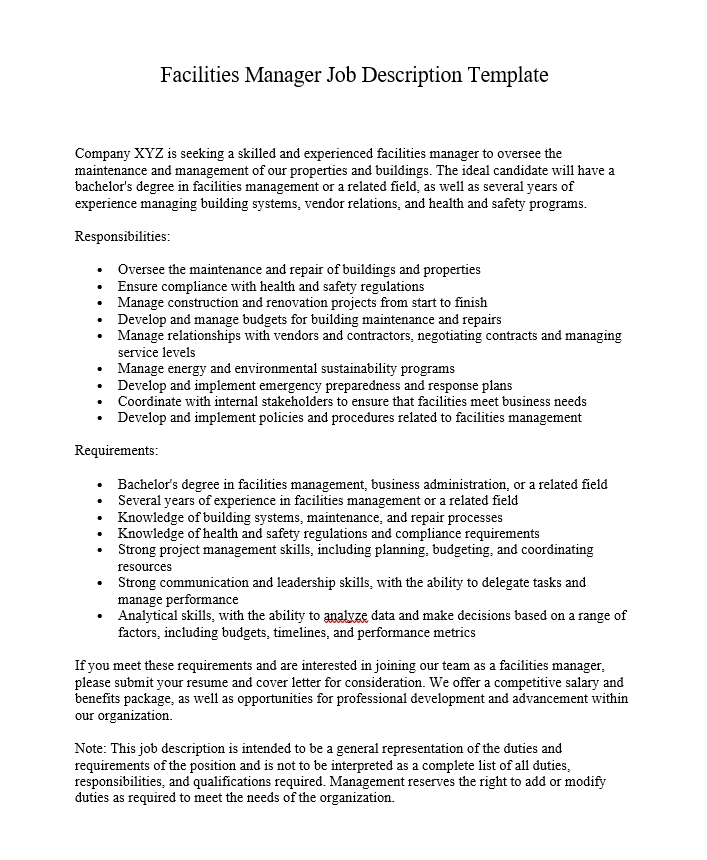 Facilities Manager Job Description Responsibilities Requirements And 