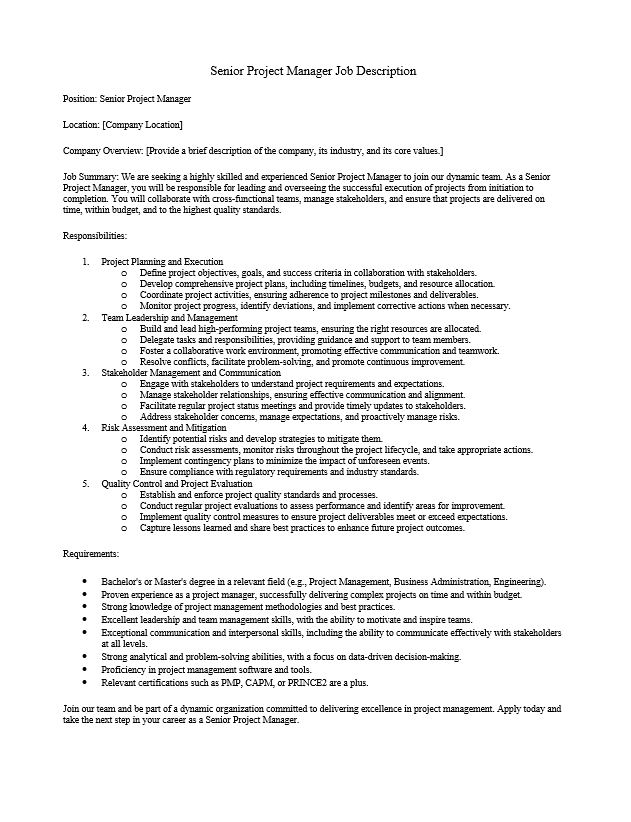 Senior Project Manager Job Description Responsibilities Requirements 