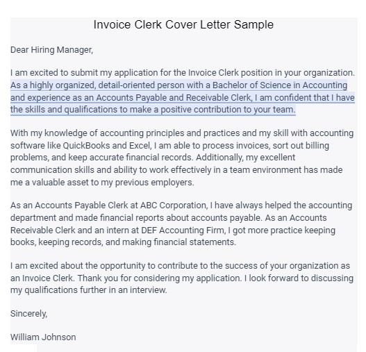 Invoice Clerk cover letter sample