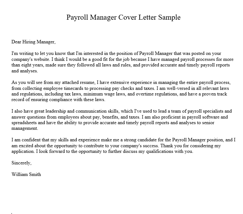 Payroll Manager Cover Letter Sample