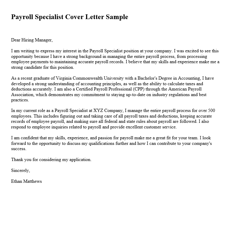 Payroll Specialist Cover Letter Sample