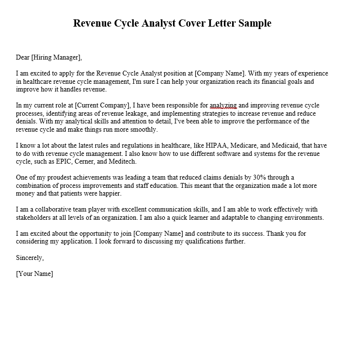Revenue Cycle Analyst Cover Letter Sample