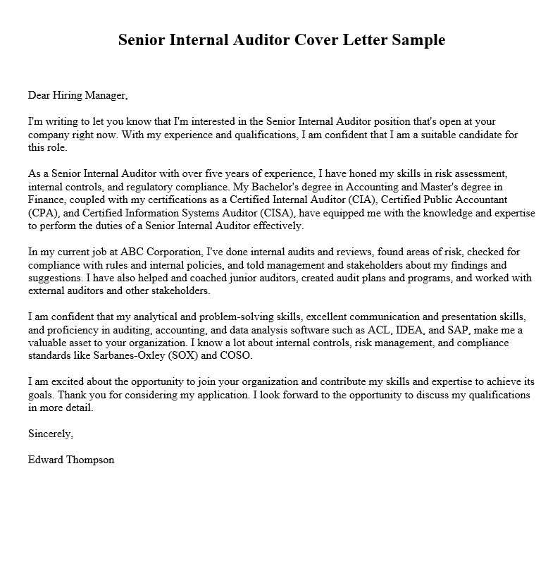 Senior Internal Auditor Cover Letter Sample