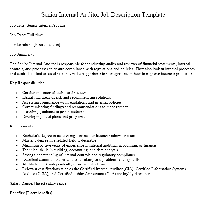 Senior Internal Auditor Job Description Template