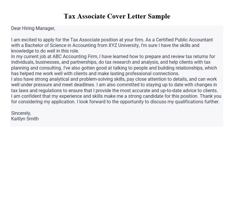 Tax Associate Cover Letter Sample