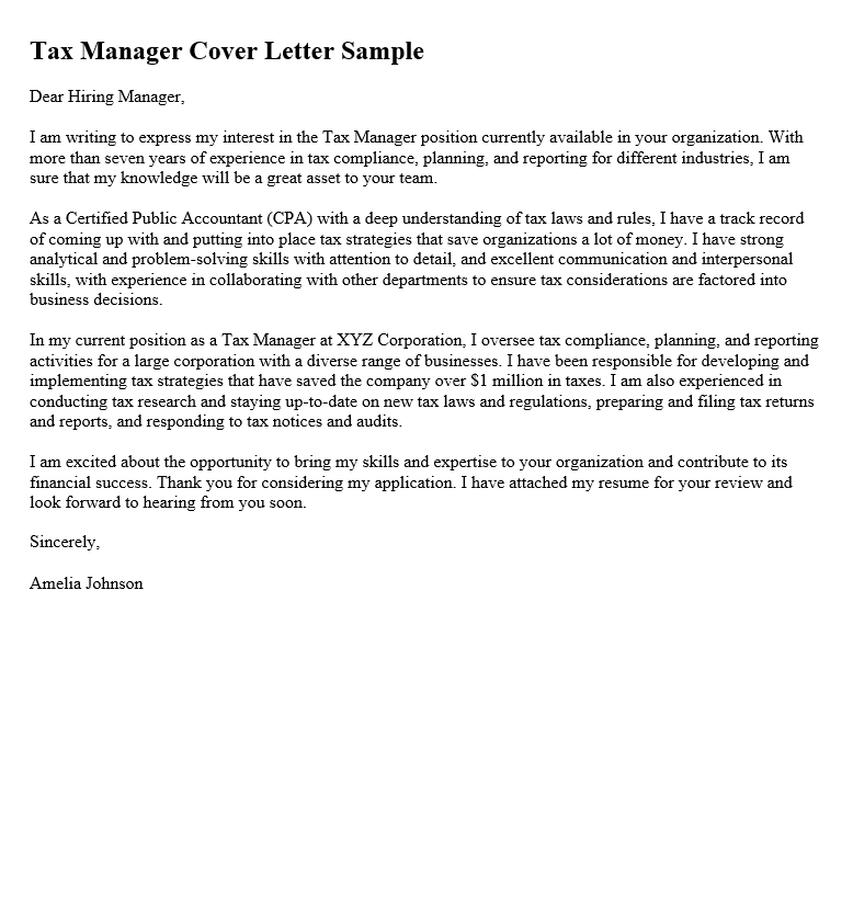 Tax Manager Cover Letter Sample
