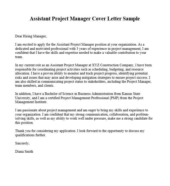 Assistant Project Manager Cover Letter Sample