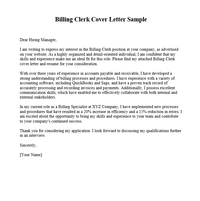 Billing Clerk Cover Letter Sample