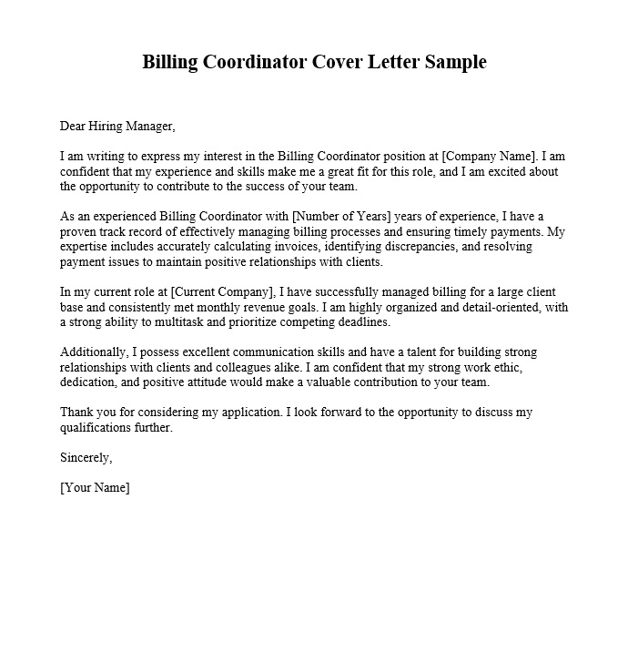 Billing Coordinator Cover Letter Sample