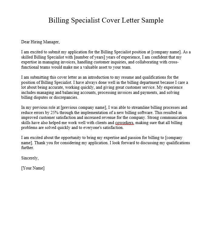 Billing Specialist Cover Letter Sample
