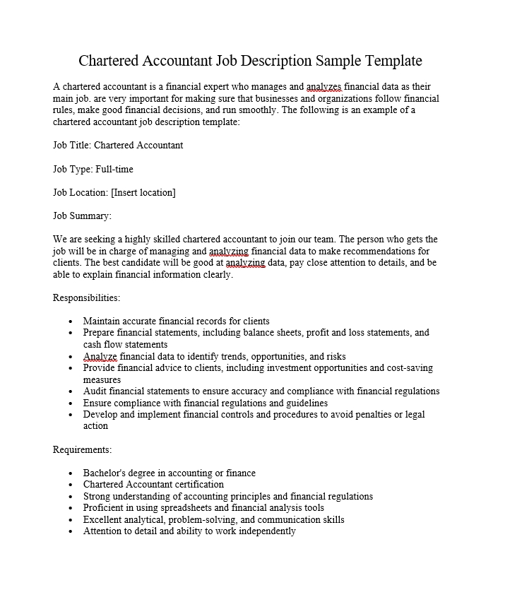 Chartered Accountant Job Description Sample Template