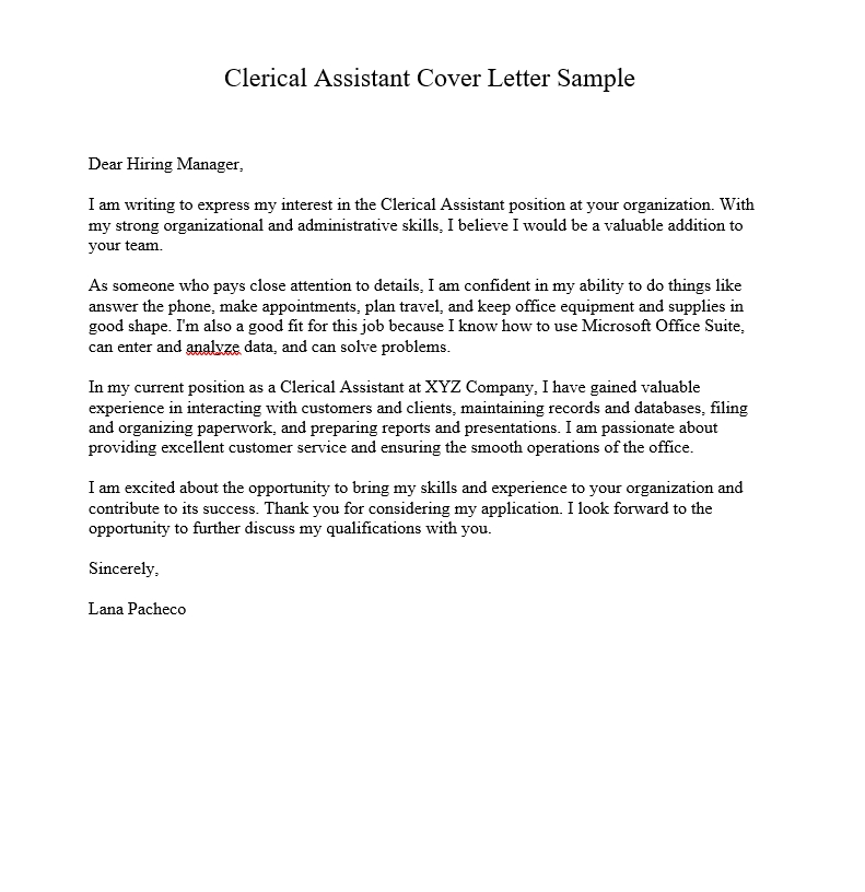 Clerical Assistant Cover Letter Sample