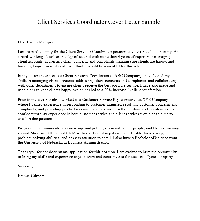 Client Services Coordinator Cover Letter Sample