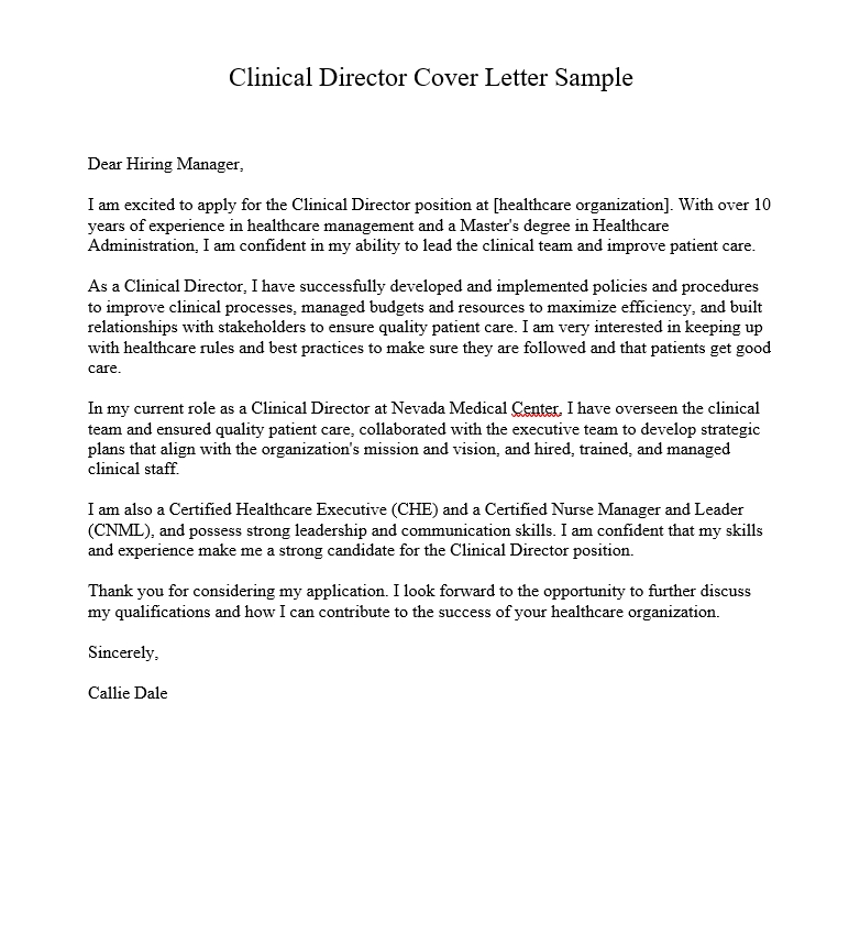 Clinical Director Cover Letter Sample