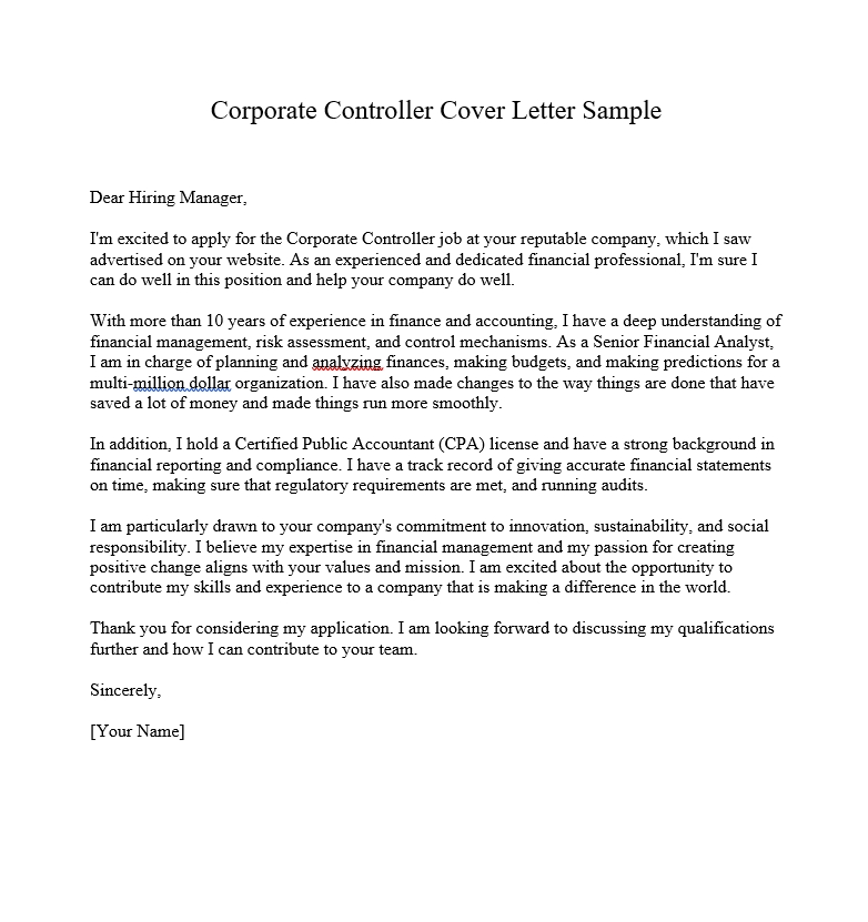Corporate Controller Cover Letter Sample