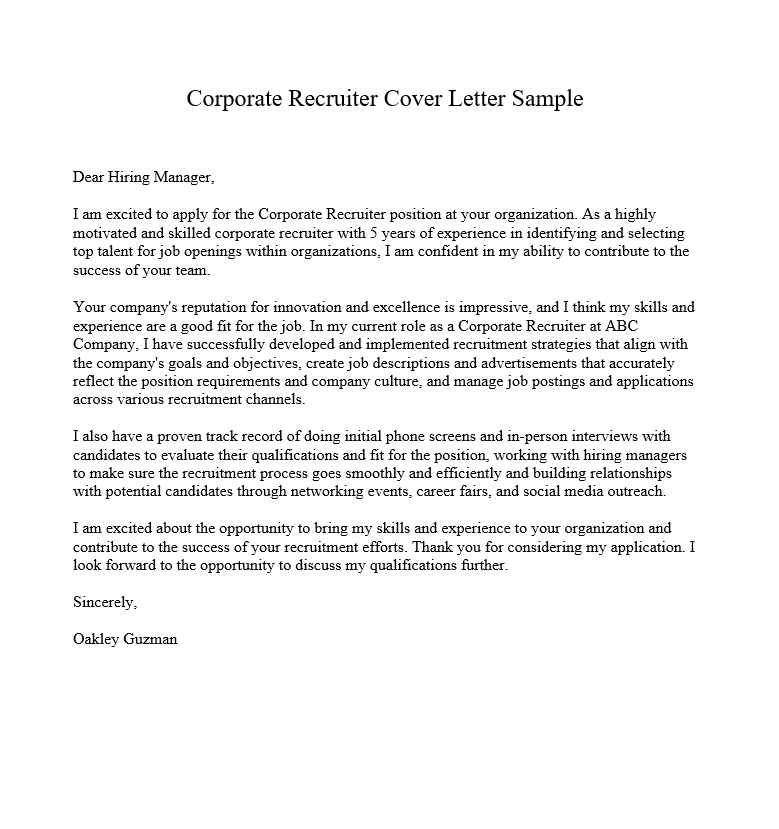 Corporate Recruiter Cover Letter Sample