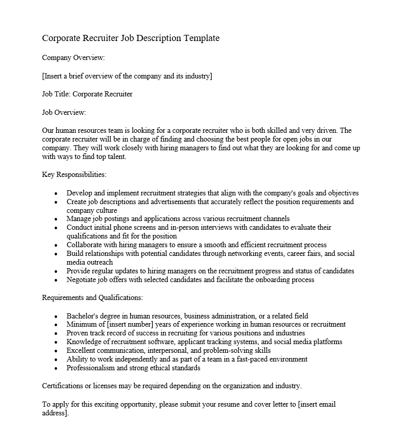 Corporate Recruiter Job Description Template