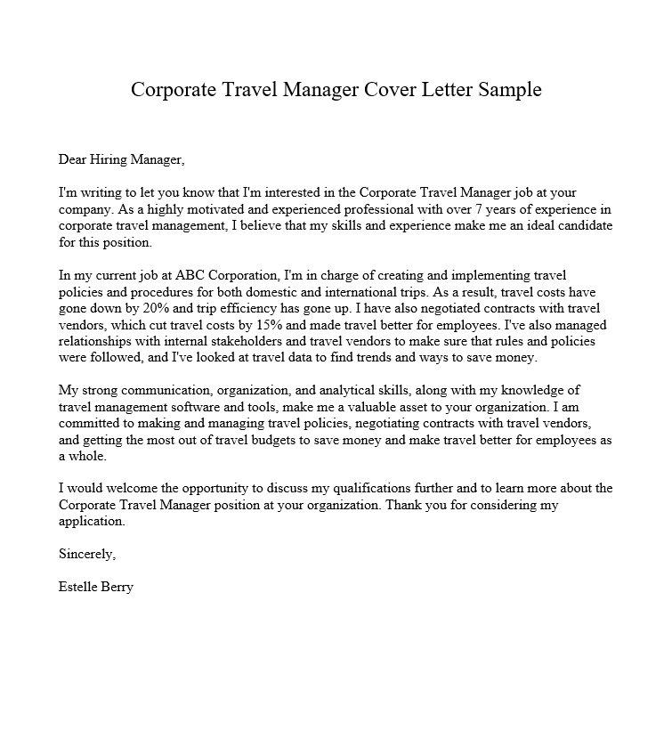 Corporate Travel Manager Cover Letter Sample