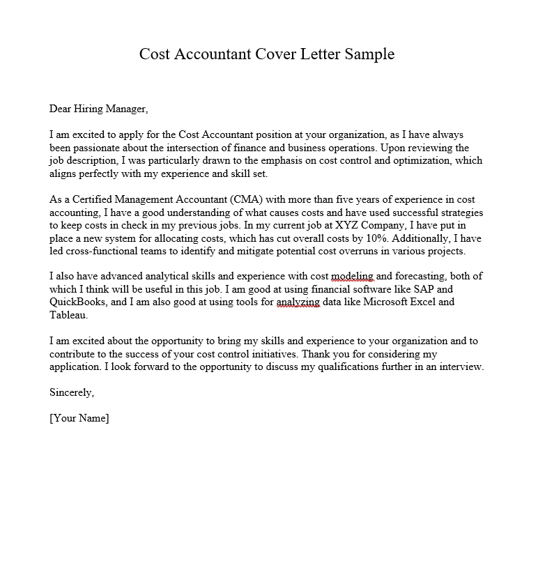 Cost Accountant Cover Letter Sample