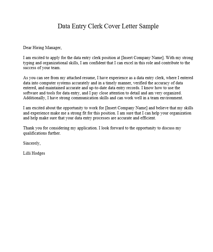 Data Entry Clerk Cover Letter Sample