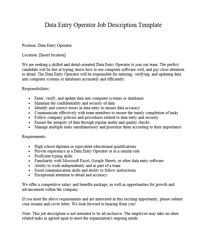 Data Entry Operator Job Description Template