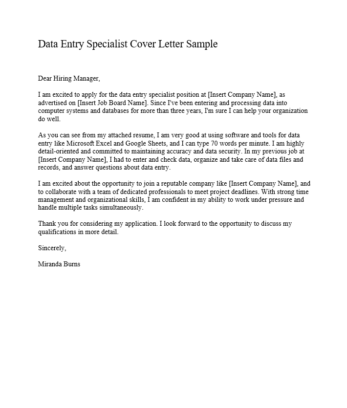 Data Entry Specialist Cover Letter Sample