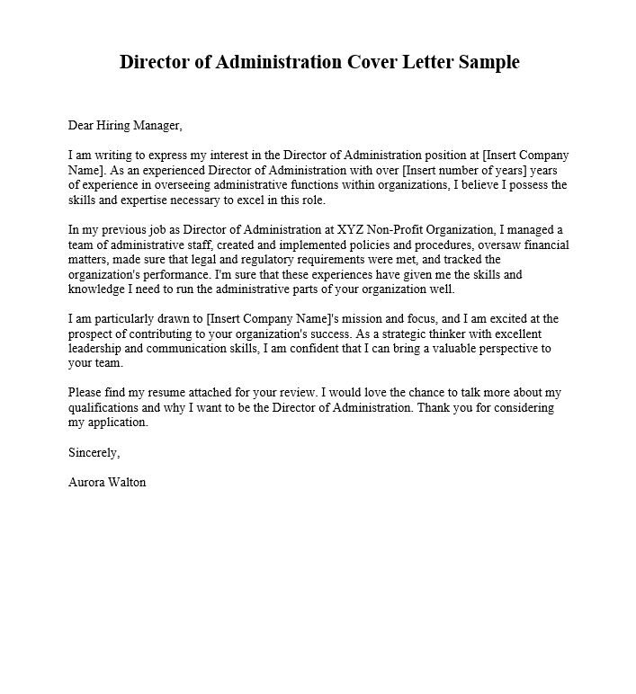 Director of Administration Cover Letter Sample