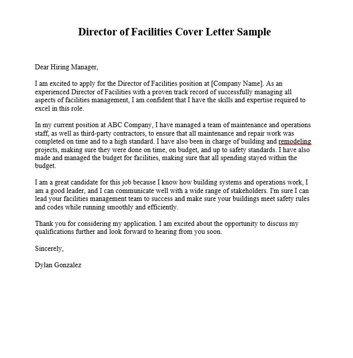 Director of Facilities Cover Letter Sample