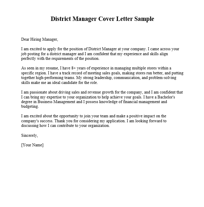 District Manager Cover Letter Sample
