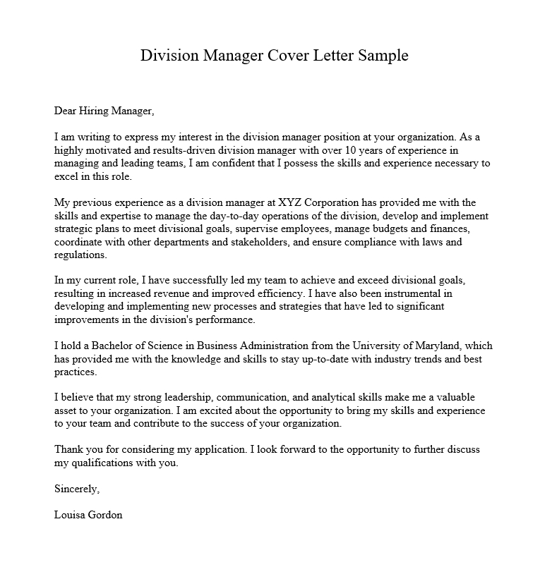 Division Manager Cover Letter Sample