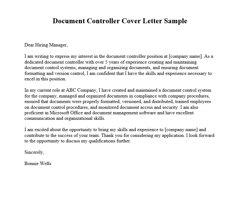 Document Controller Cover Letter Sample