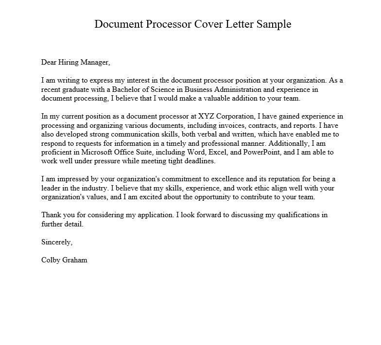 Document Processor Cover Letter Sample
