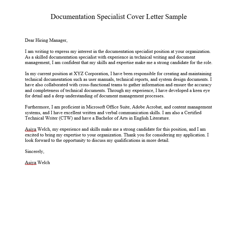 Documentation Specialist Cover Letter Sample