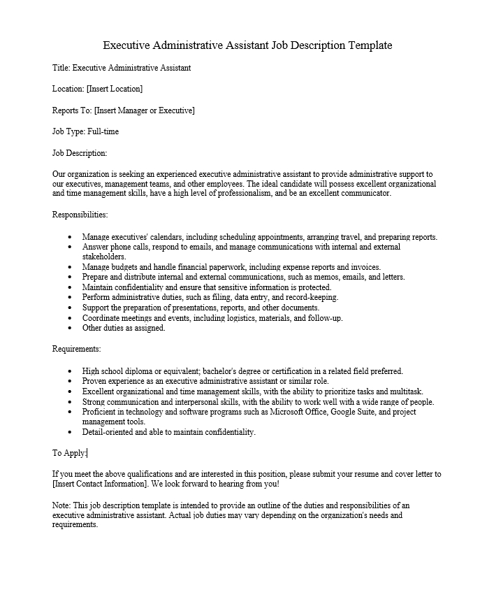 Executive Administrative Assistant Job Description Template