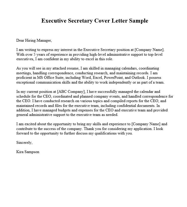 Executive Secretary Cover Letter Sample