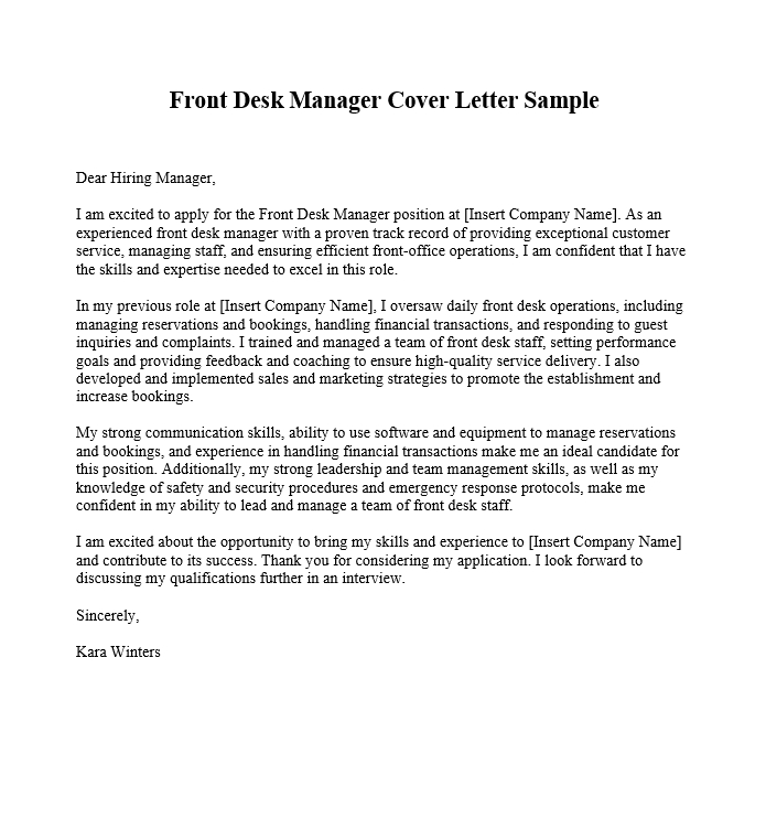 Front Desk Manager Cover Letter Sample