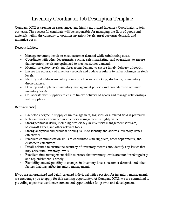 Inventory Coordinator Job Description Template