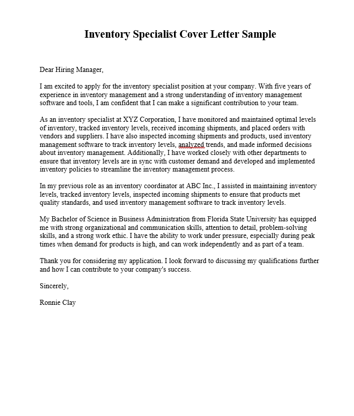 Inventory Specialist Cover Letter Sample