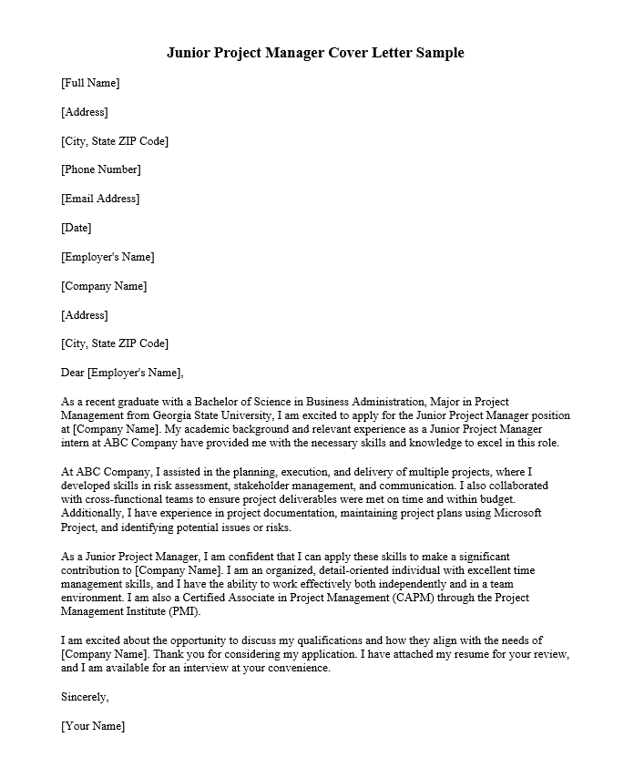 Junior Project Manager Cover Letter Sample