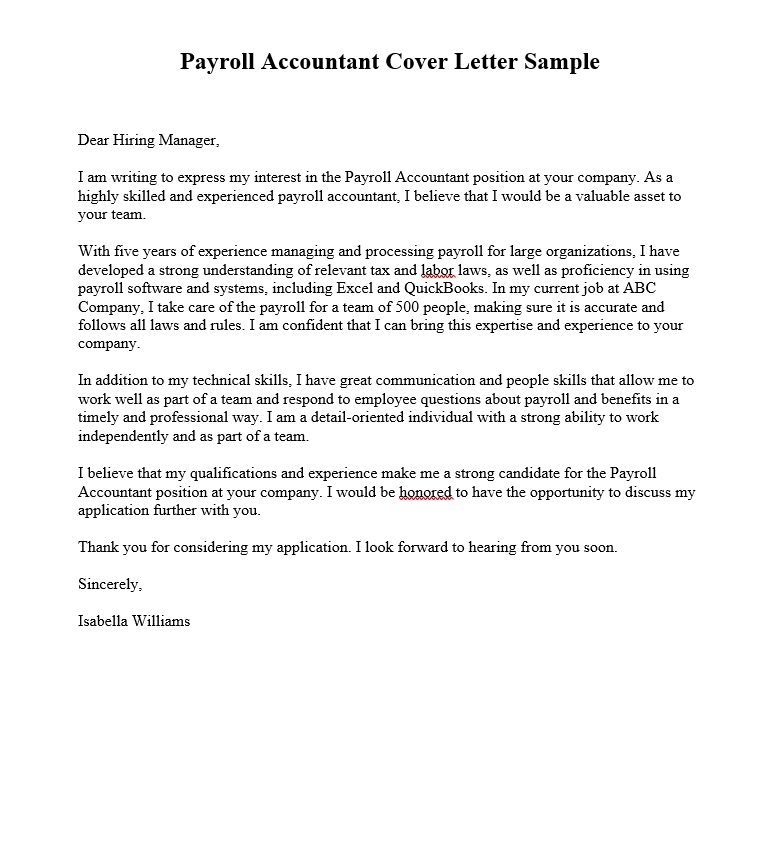 Payroll Accountant Cover Letter Sample