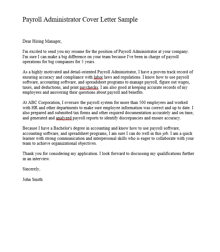 Payroll Administrator Cover Letter Sample