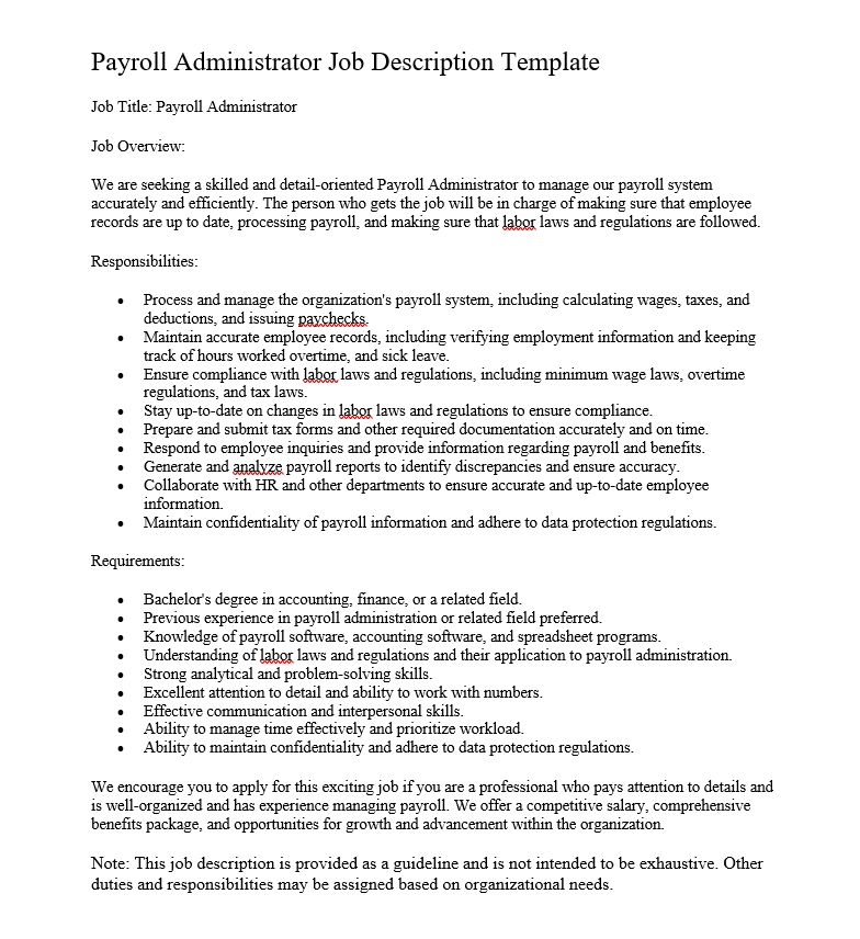 Payroll Administrator Job Description Template