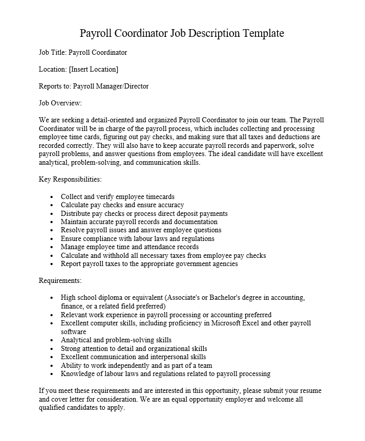 Payroll Coordinator Job Description Template