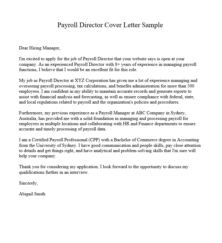 Payroll Director Cover Letter Sample