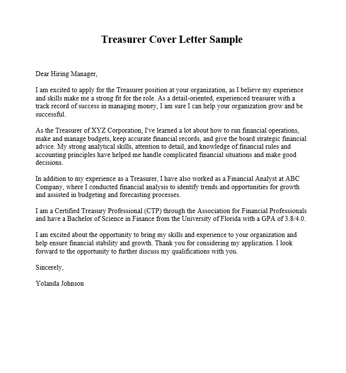 Treasurer Cover Letter Sample