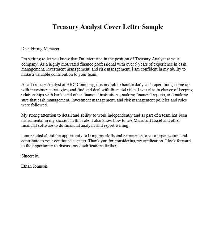 Treasury Analyst Cover Letter Sample