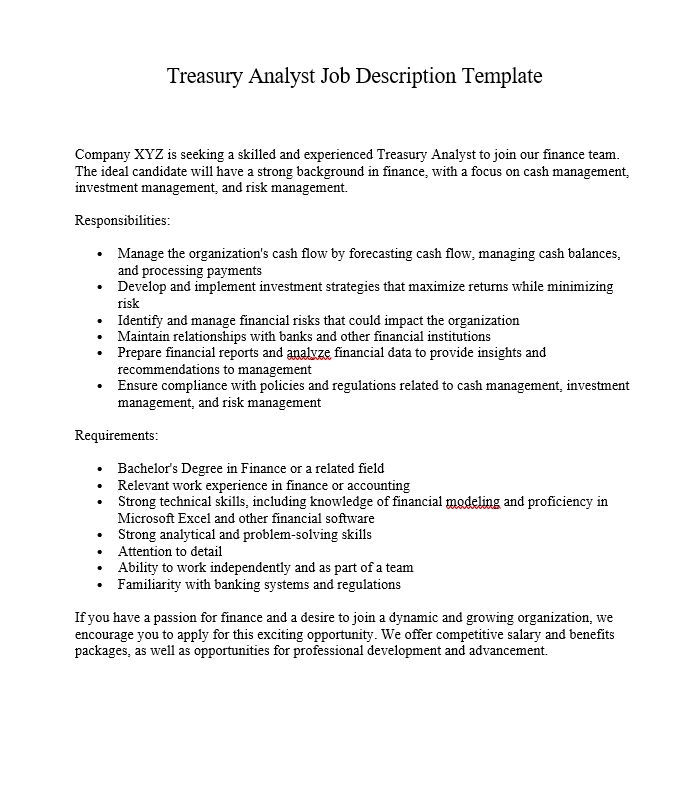 Treasury Analyst Job Description Template