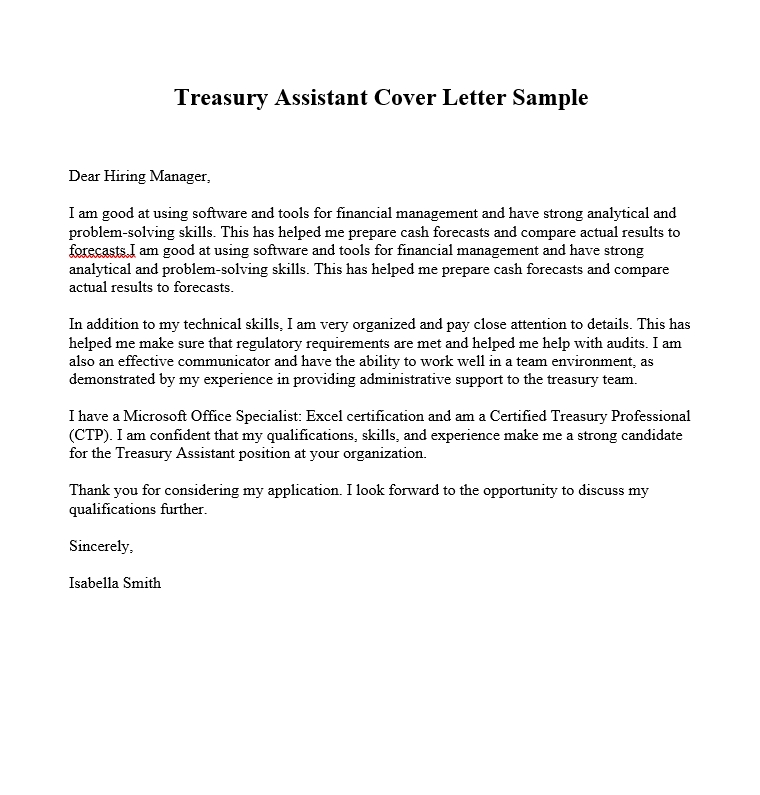 Treasury Assistant Cover Letter Sample