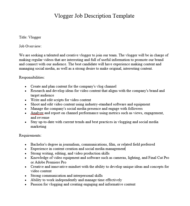 Vlogger Job Description Template