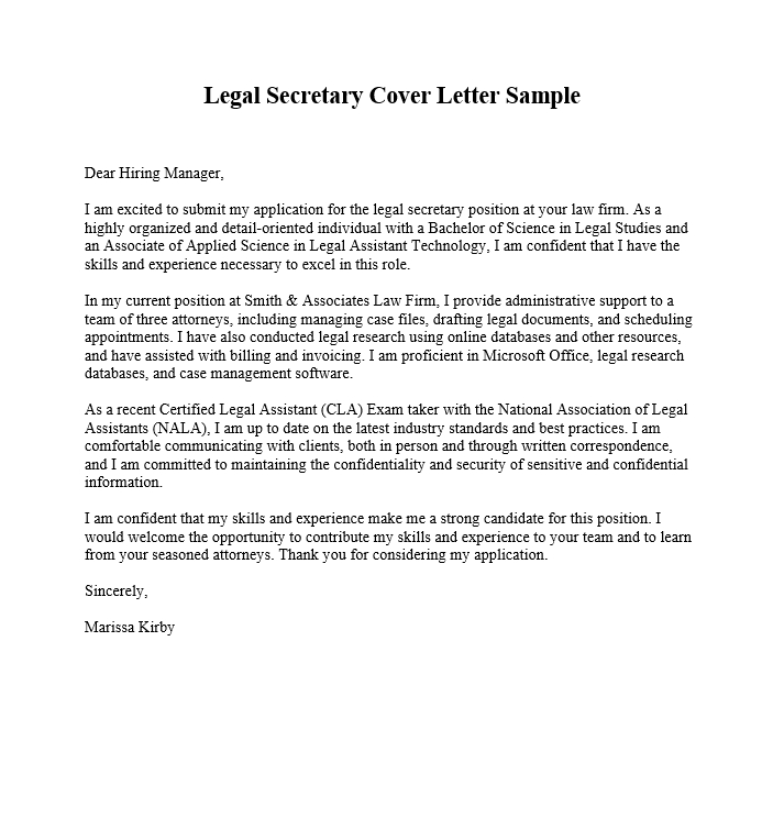 Legal Secretary Cover Letter Sample